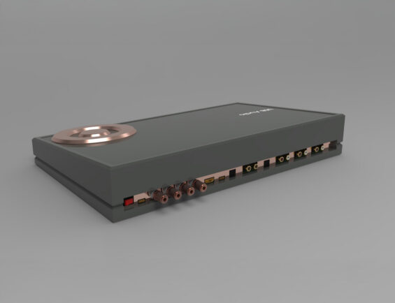 sleek, gray audio device with a copper accent and multiple input/output ports, viewed from a slight angle.