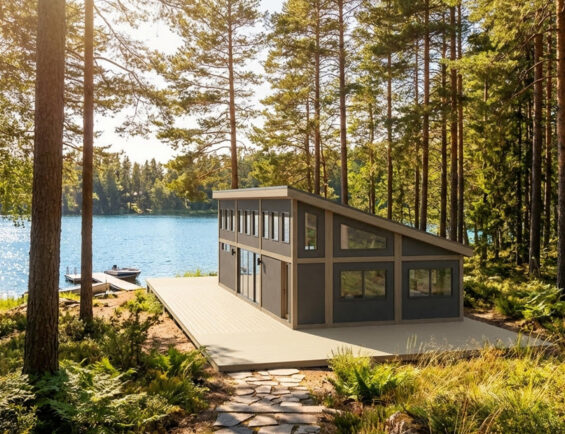 modern house with large windows sits by a lake, surrounded by tall trees and greenery.