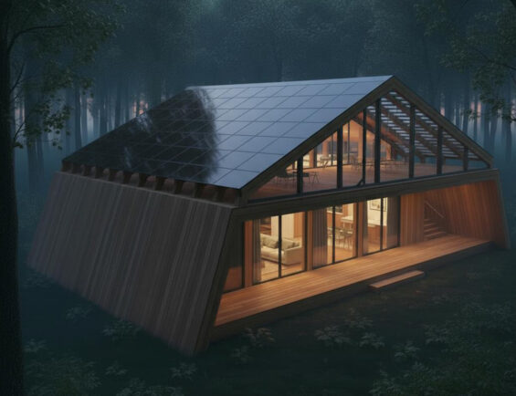 modern, angular house with a solar-paneled roof is surrounded by trees in a misty forest setting.