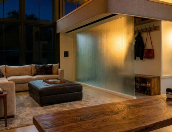 cozy living room features a sofa, ottoman, and a frosted glass partition, illuminated by warm lighting.