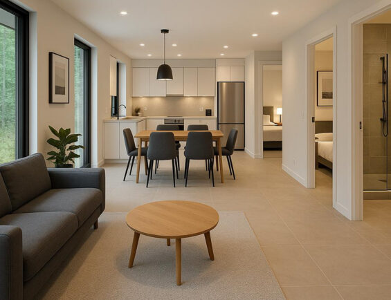 Modern open-concept living area featuring a sofa, dining table, kitchen, and access to a bedroom and bathroom.