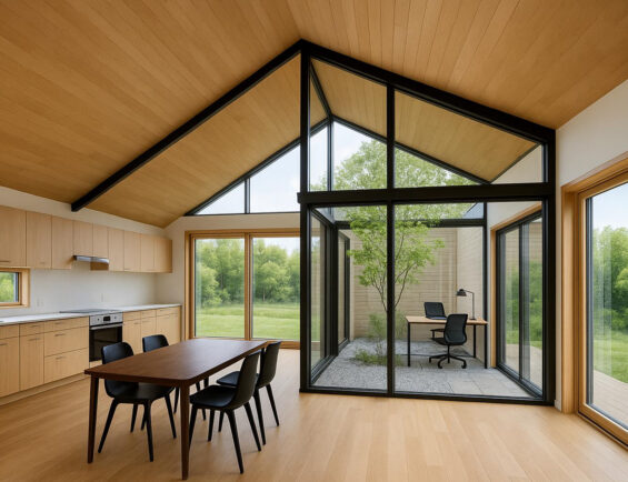 Modern interior featuring a kitchen and dining area, with a glass-walled office space overlooking greenery.