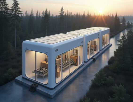 modern, modular building with large windows sits beside a river, surrounded by dense forest at sunrise.