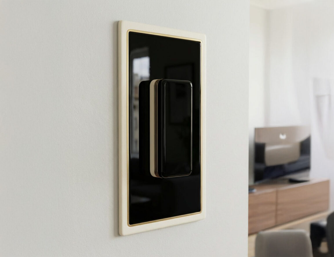 modern light switch with a black panel and cream border mounted on a white wall in a living room setting.