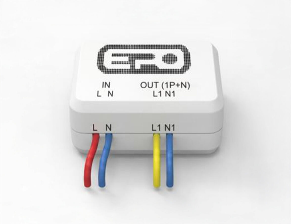 white electrical device with labeled input and output ports, featuring red, blue, and yellow wires attached.