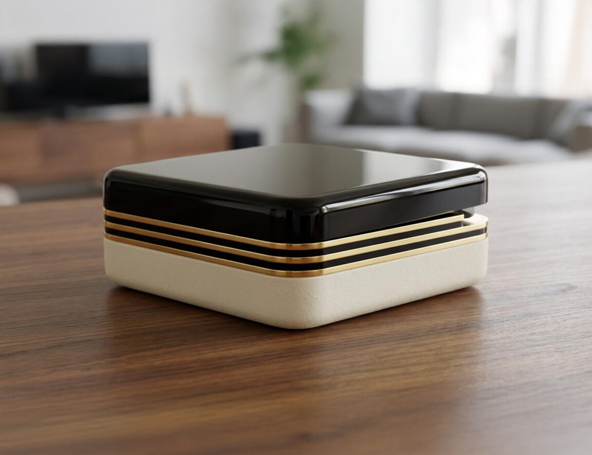 sleek, stacked box with a black top and gold accents sits on a wooden table in a modern living space.