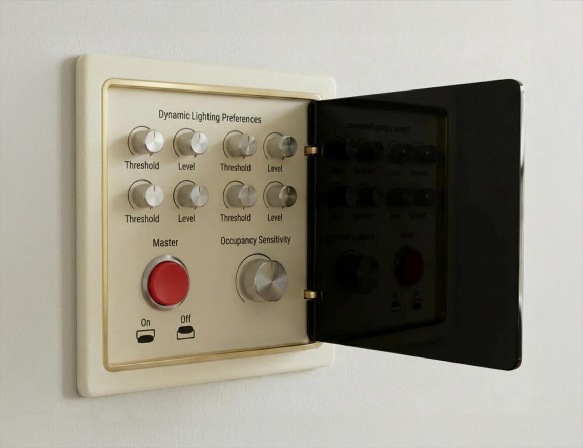 wall-mounted control panel for dynamic lighting preferences with various knobs and a red button, partially open.
